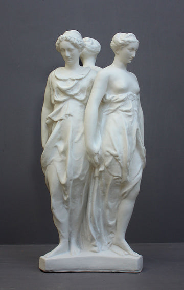 photo of white plaster cast sculpture of three robed females standing in a circle with their backs to each other against a gray background