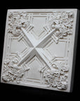 photo of white plaster cast of architectural ornament with geometric lines and leaf patterns against black background