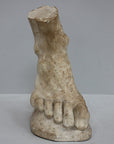 photo of yellowed plaster cast sculpture of right foot on curved surface on gray background