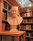 Photo of male bust sculpture on tall shelf with book shelves behind it