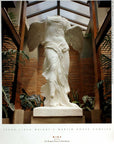 Martin House poster of plaster cast sculpture of winged, headless female figure with flowing drapery on a platform in a conservatory with glass ceiling, brick and stone walls, and plants