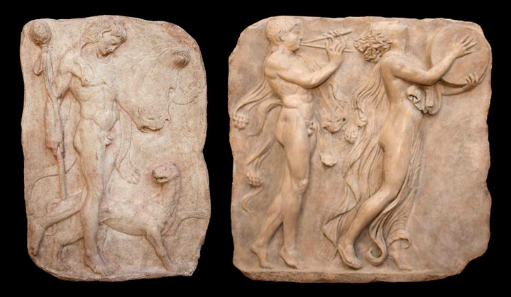 Photo of two plaster cast sculpture reliefs side by side showing a satyr, panther, satyr, and bacchante, on a black background