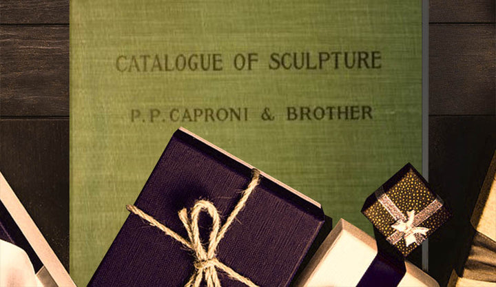 graphic with antique, green Caproni catalog and gold, white, and purple presents on a wood table