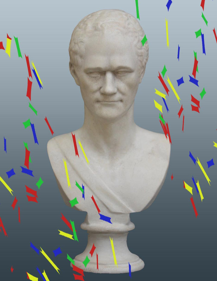 Photo of plaster cast bust of Alexander Hamilton with confetti surrounding it and gray background