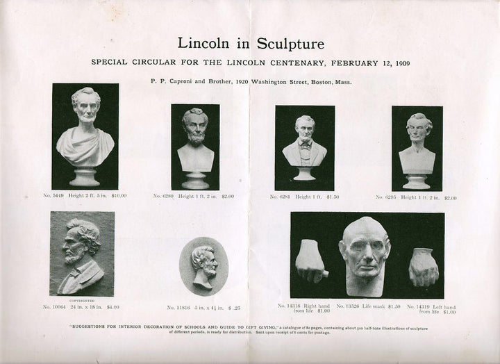 scan of black and white page of Caproni circular with 7 photos of Lincoln sculptures available