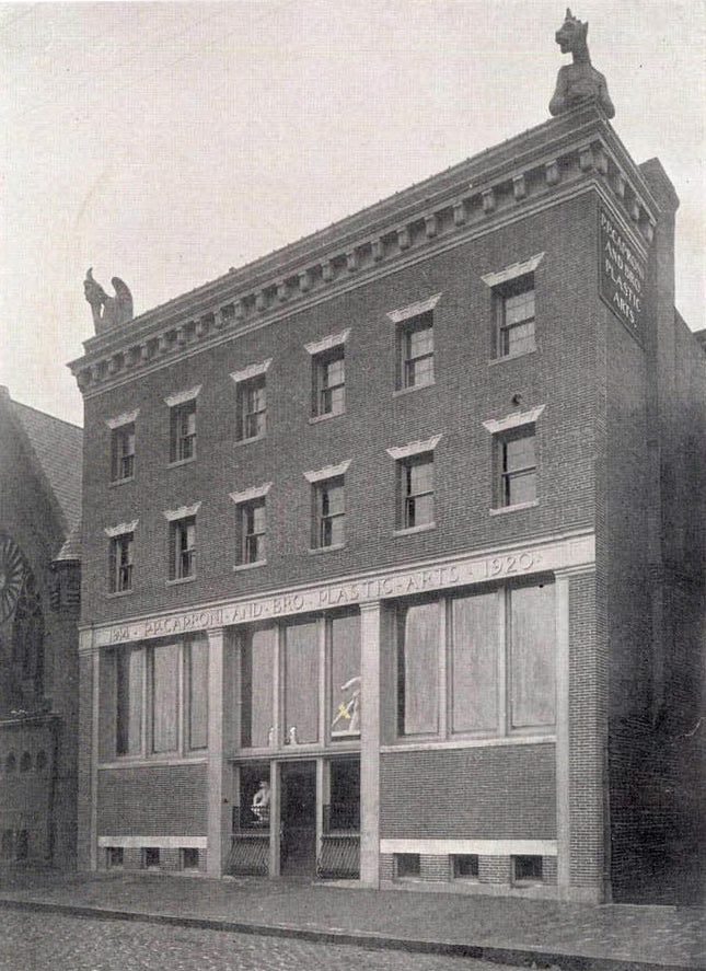 black and white photo of Caproni building facade with large storefront and with gargoyles on roof front corners on Washington Street in Boston