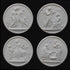 photo of four white plaster cast relief sculptures of male and female figures, children, cats, and dogs figuratively depicting the four seasons against black background