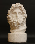 Photo with black background of plaster cast sculpture of male bust, namely the god Zeus, with curly hair and beard