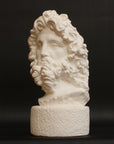 Photo with black background of plaster cast sculpture of male bust, namely the god Zeus, with curly hair and beard