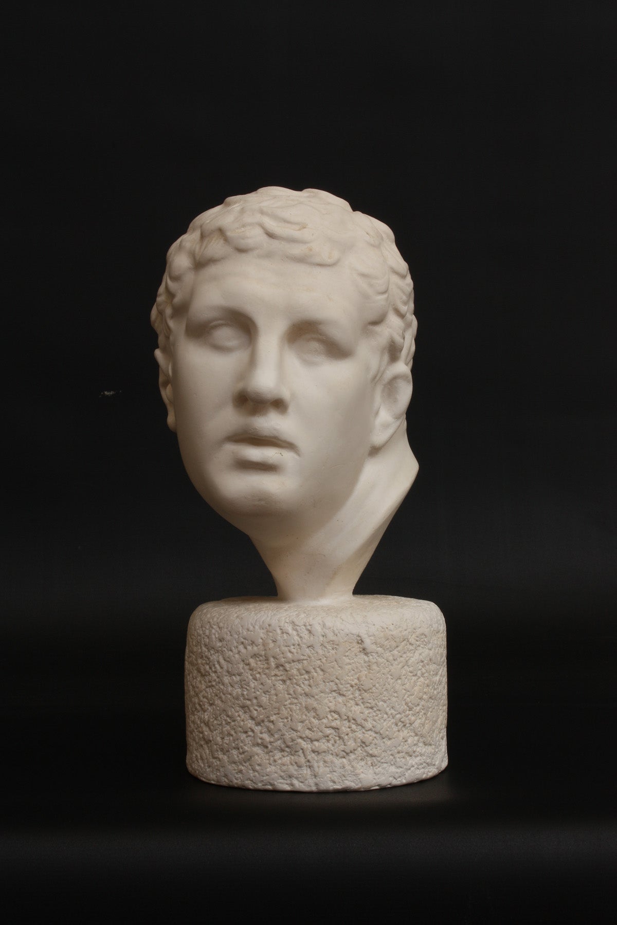photo of white plaster cast reproduction of Ancient Greek bust of male from Borghese Warrior statue on black background