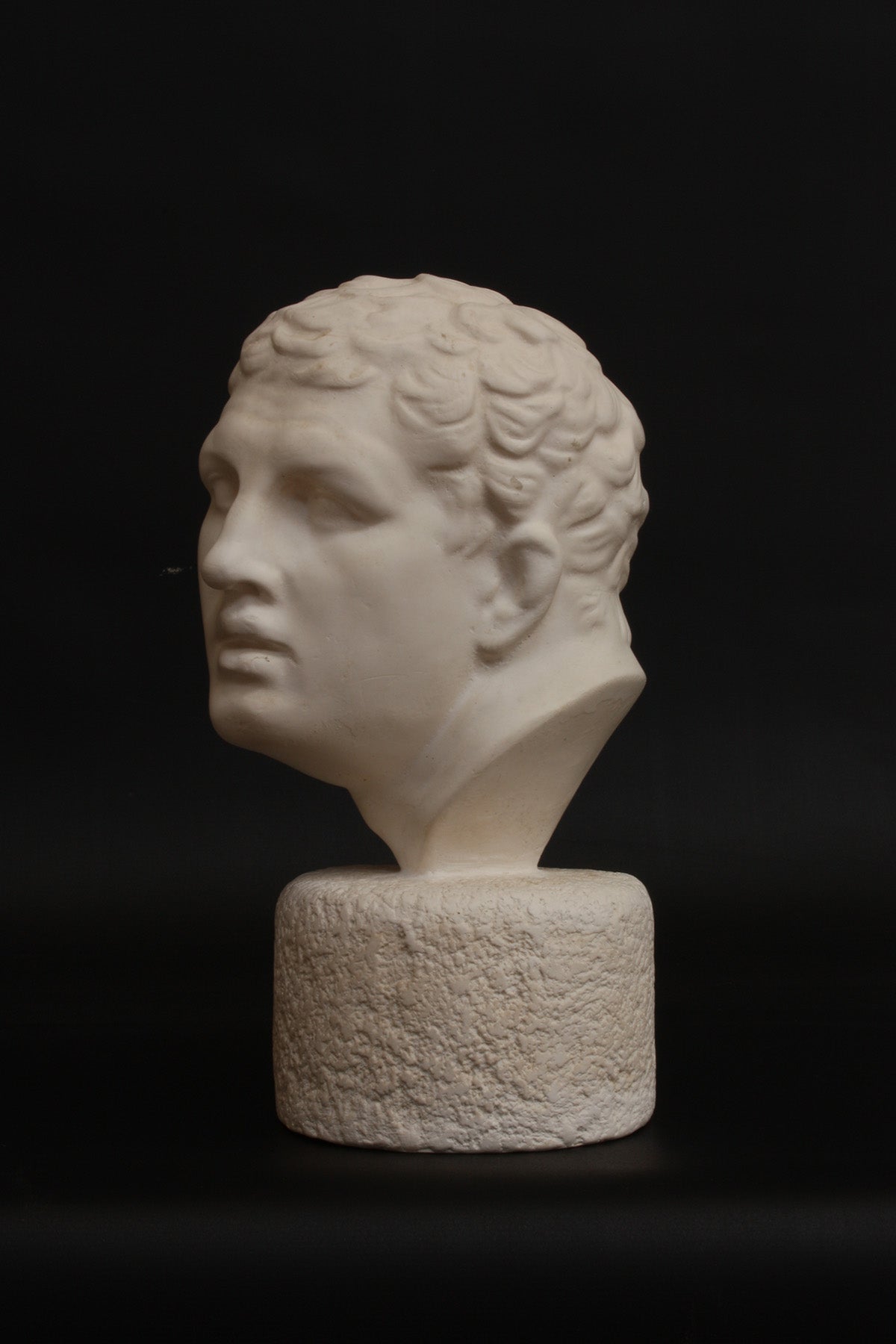 photo of white plaster cast reproduction of Ancient Greek bust of male from Borghese Warrior statue on black background