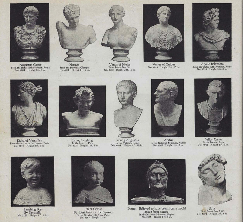 Collection of classical busts with labels on a black and white background
