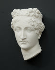 Photo of white plaster cast sculpture of mask/face of female with headband, namely Pauline Bonaparte, on gray background