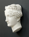 Photo of white plaster cast sculpture of mask/face of female with headband, namely Pauline Bonaparte, on gray background