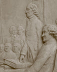 detail photo of off-white plaster cast relief sculpture of men around a table aka signing the Declaration of Independence
