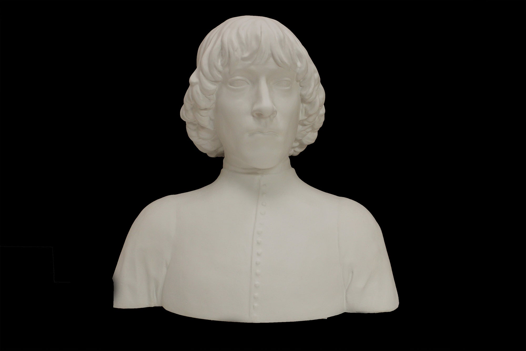 photo of plaster cast bust of man with high-neck shirt and shoulder-length hair with black background