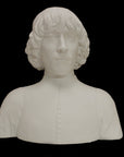 photo of plaster cast bust of man with high-neck shirt and shoulder-length hair with black background