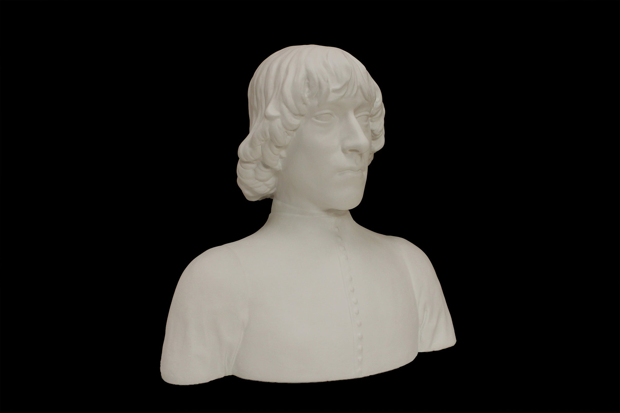 photo of plaster cast bust of man with high-neck shirt and shoulder-length hair with black background