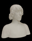 photo of plaster cast bust of man with high-neck shirt and shoulder-length hair with black background