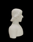 photo of plaster cast bust of man with high-neck shirt and shoulder-length hair with black background