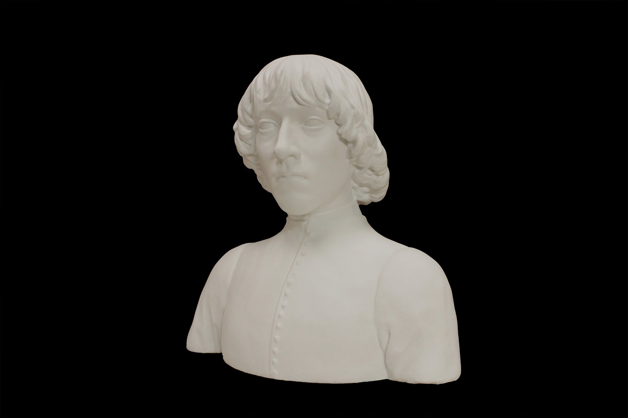 photo of plaster cast bust of man with high-neck shirt and shoulder-length hair with black background