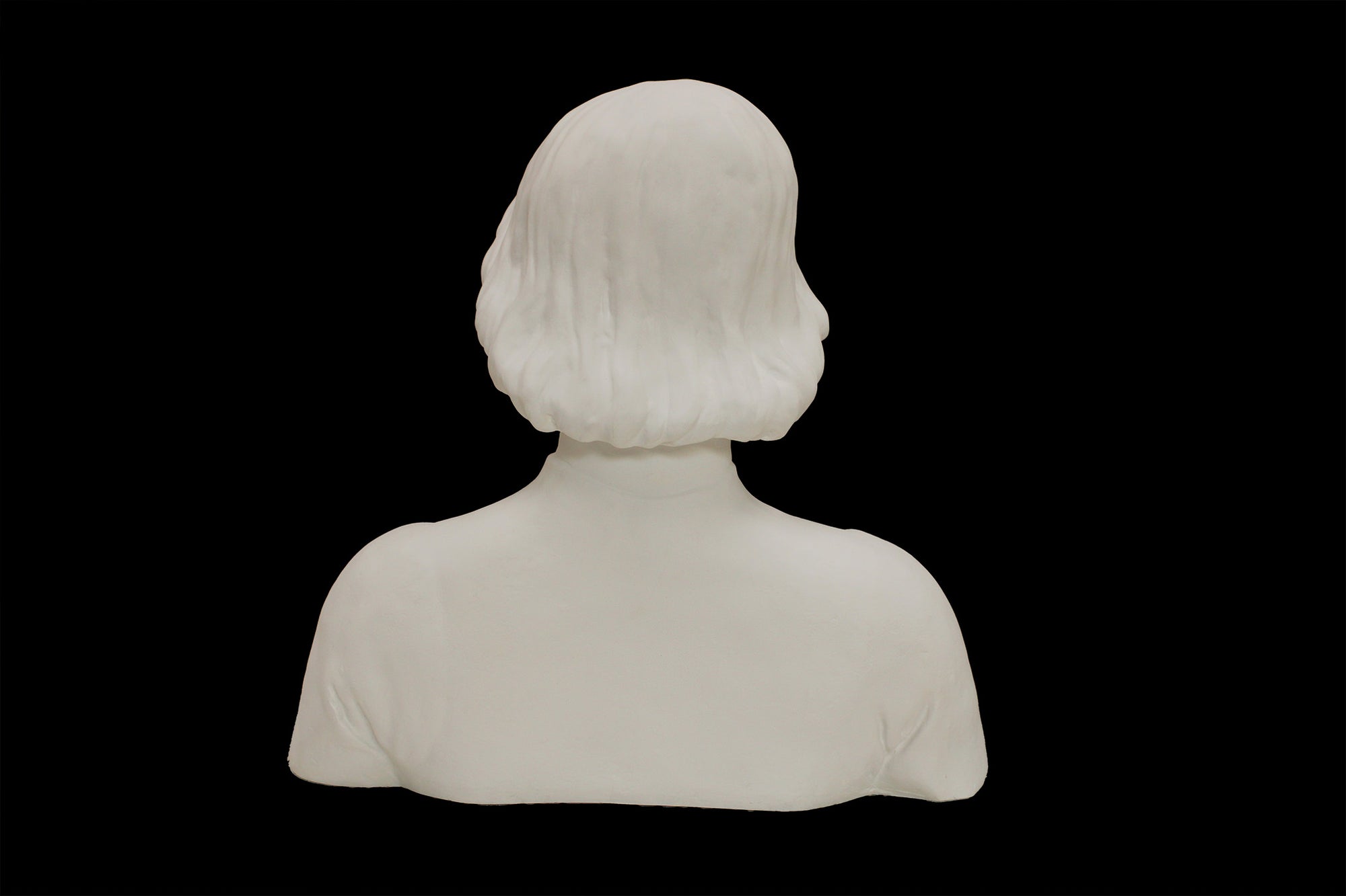 photo of plaster cast bust of man with high-neck shirt and shoulder-length hair with black background