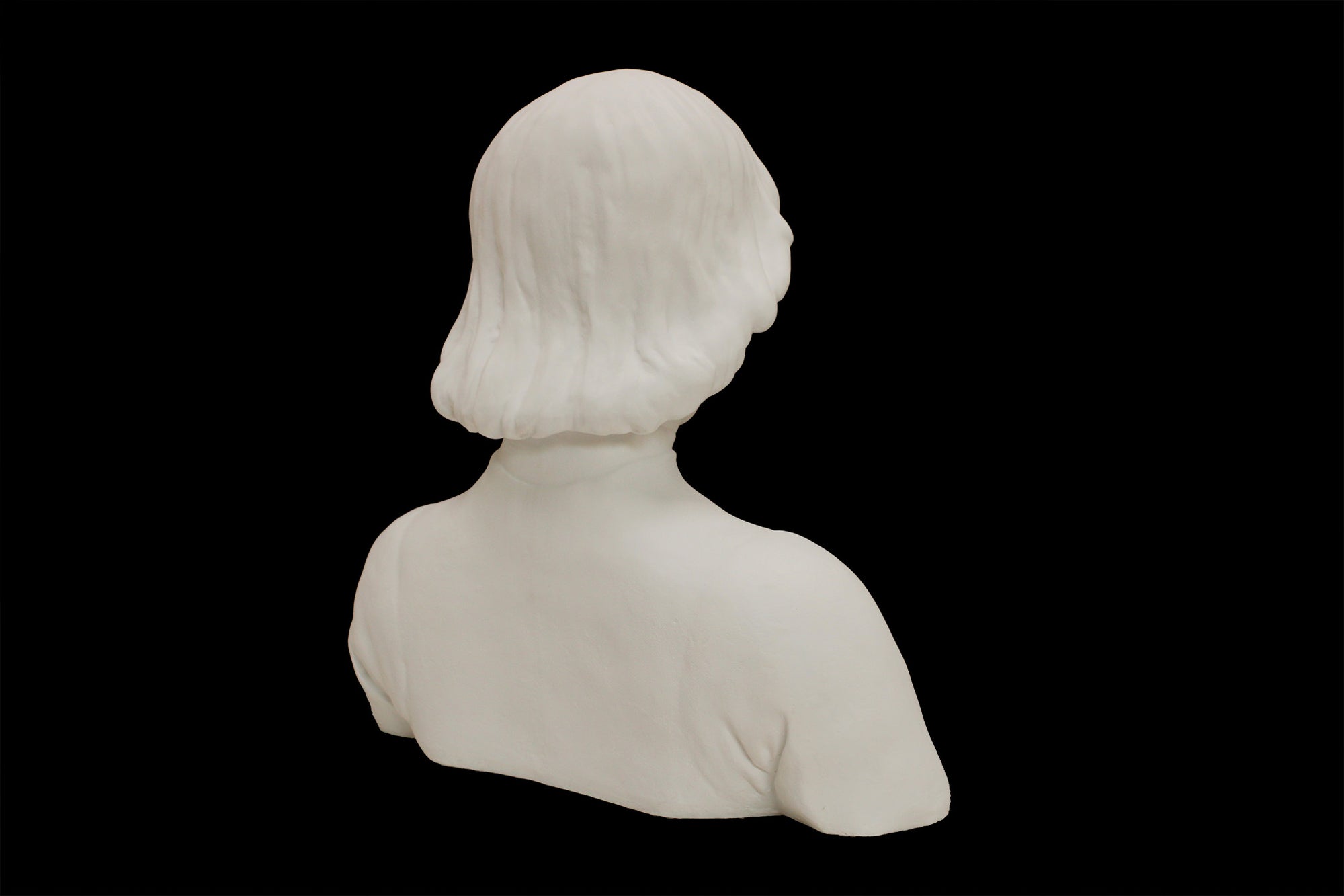 photo of plaster cast bust of man with high-neck shirt and shoulder-length hair with black background
