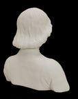 photo of plaster cast bust of man with high-neck shirt and shoulder-length hair with black background