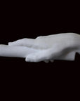 photo of white plaster cast of right hand grasping a staff or pole against black background