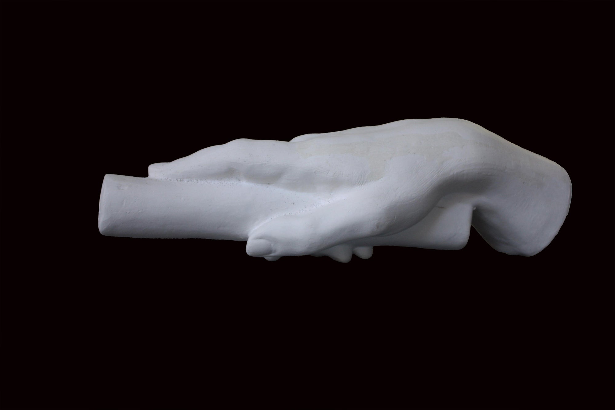 photo of white plaster cast of right hand grasping a staff or pole against black background