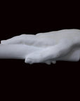 photo of white plaster cast of right hand grasping a staff or pole against black background