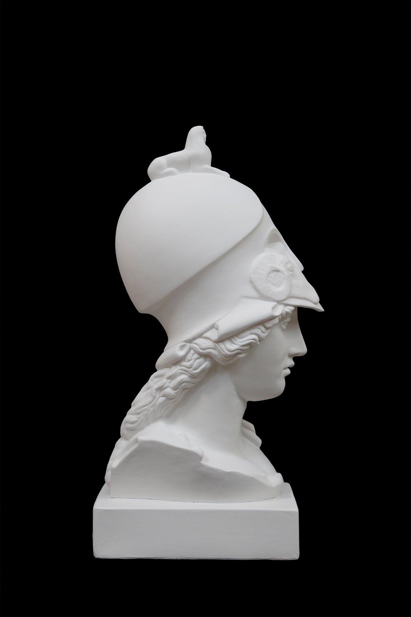 photo of plaster cast sculpture bust of female head, namely the goddess Athena, with a helmet on a black background