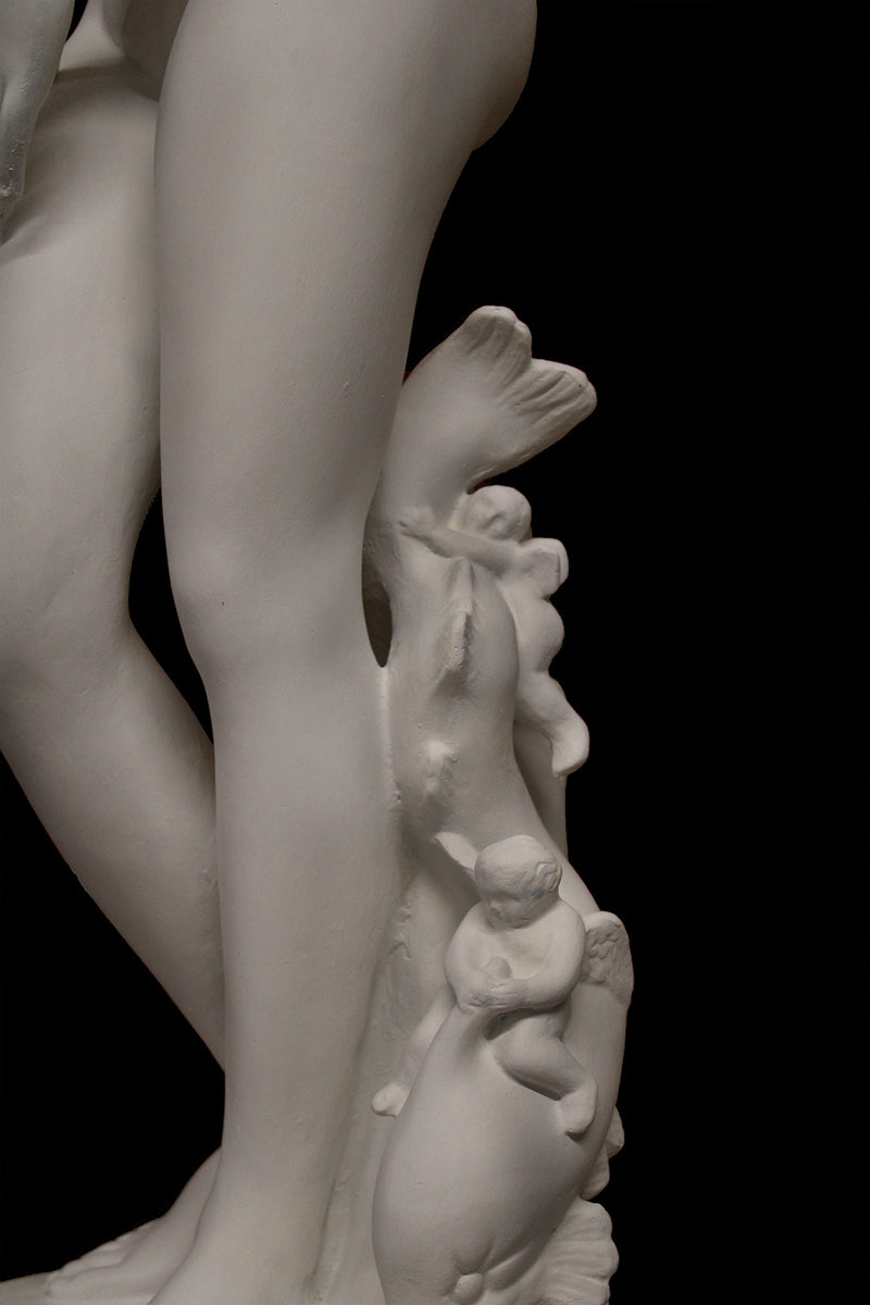 photo of plaster cast sculpture of Venus standing nude with two putti riding a dolphin at her feet on black background