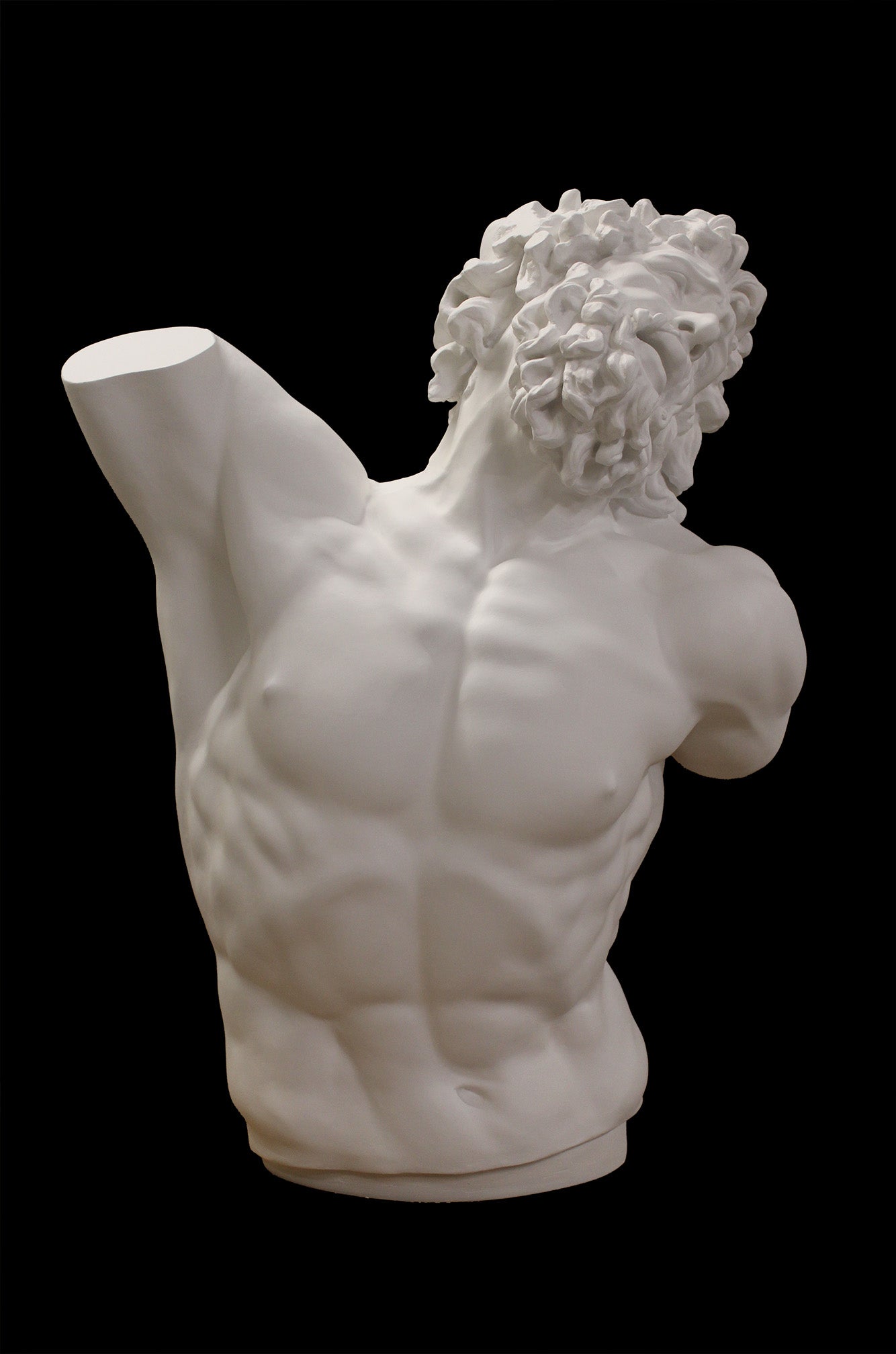 photo with black background of plaster cast of sculpted male torso and head with curly hair and beard, namely Laocoon