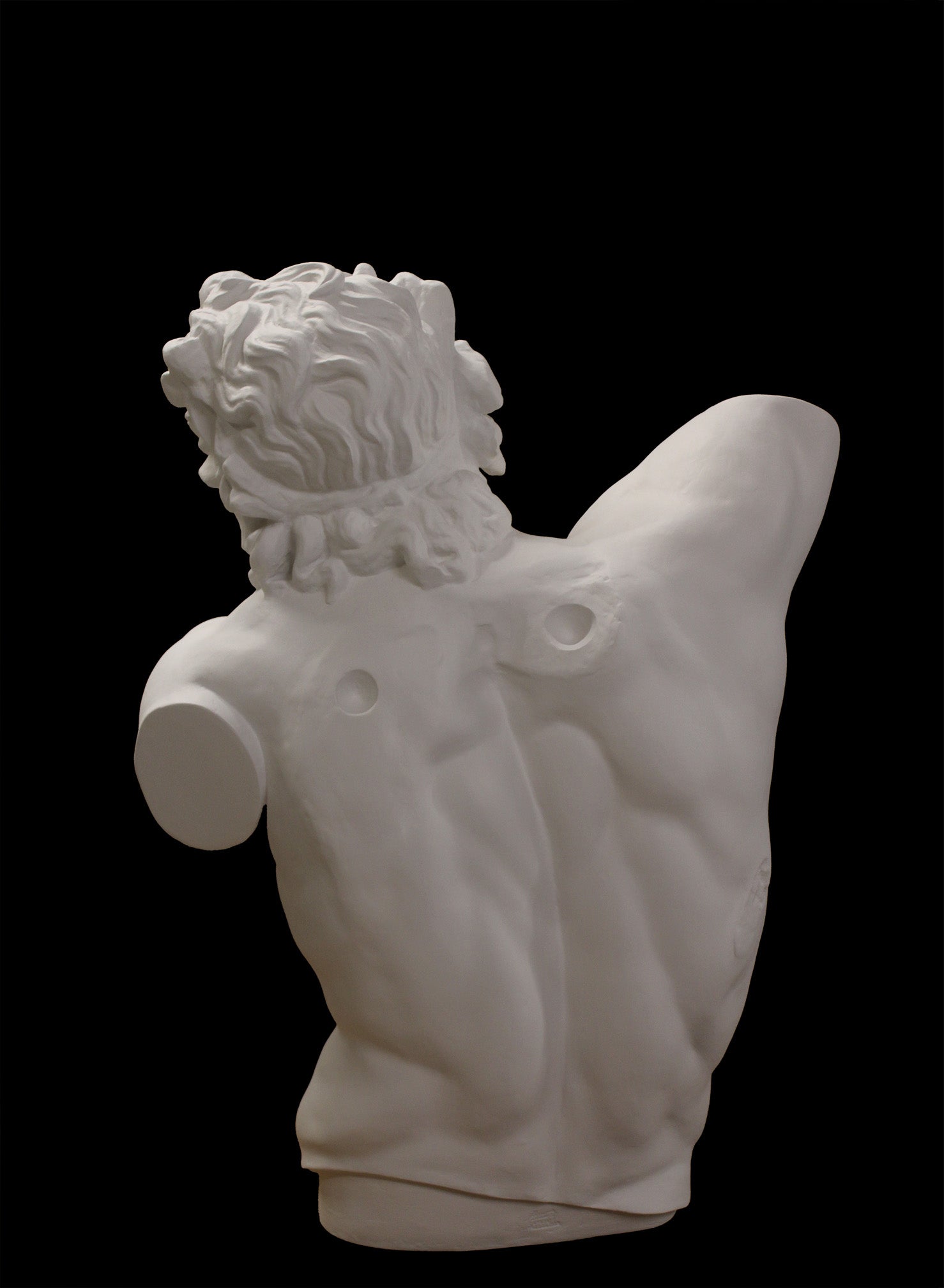 photo with black background of plaster cast of sculpted male torso and head with curly hair and beard, namely Laocoon