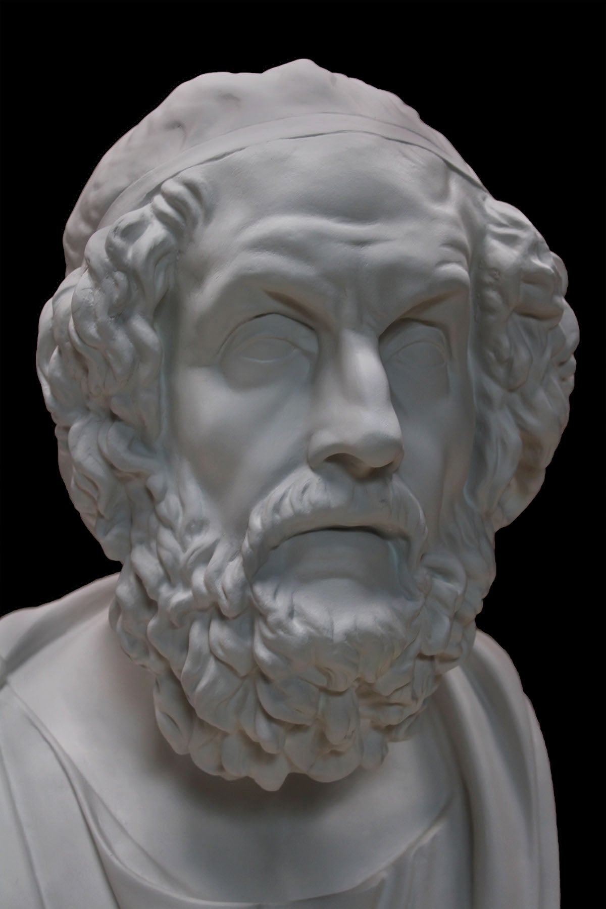image of a plaster bust of homer on a black background