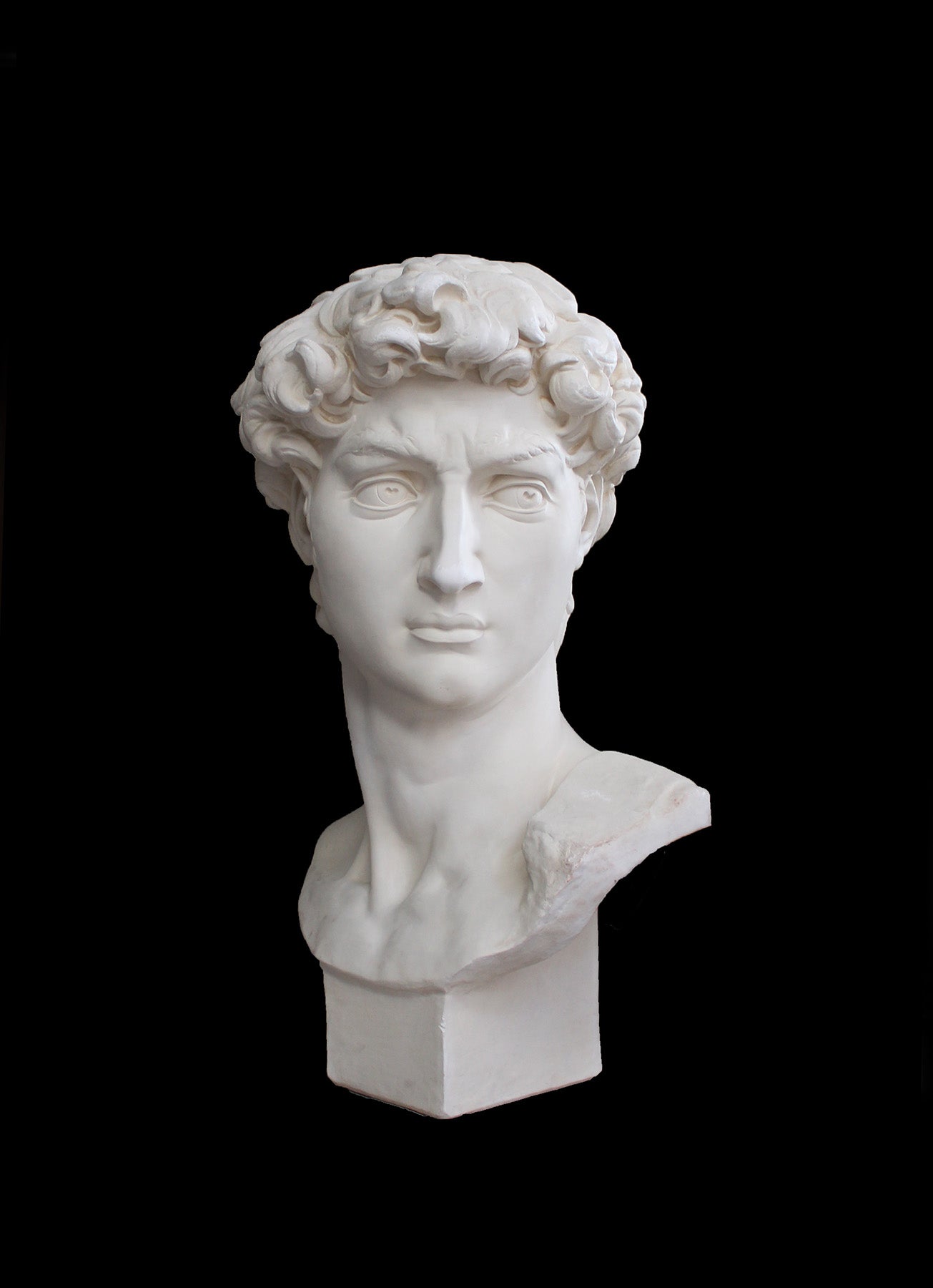 image of a plaster statue of a bust of david on a black background