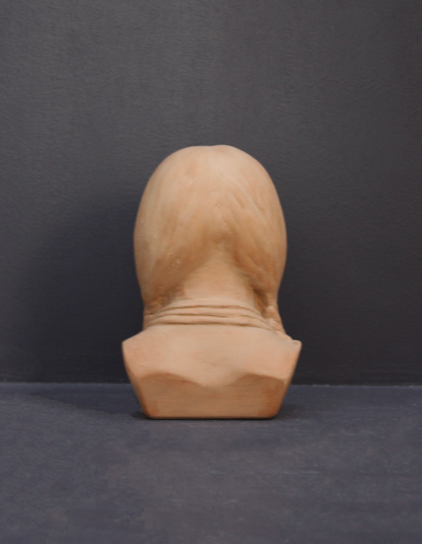 image of the back of a terracotta-colored plaster bust of the well-known Native American Massasoit on a gray background