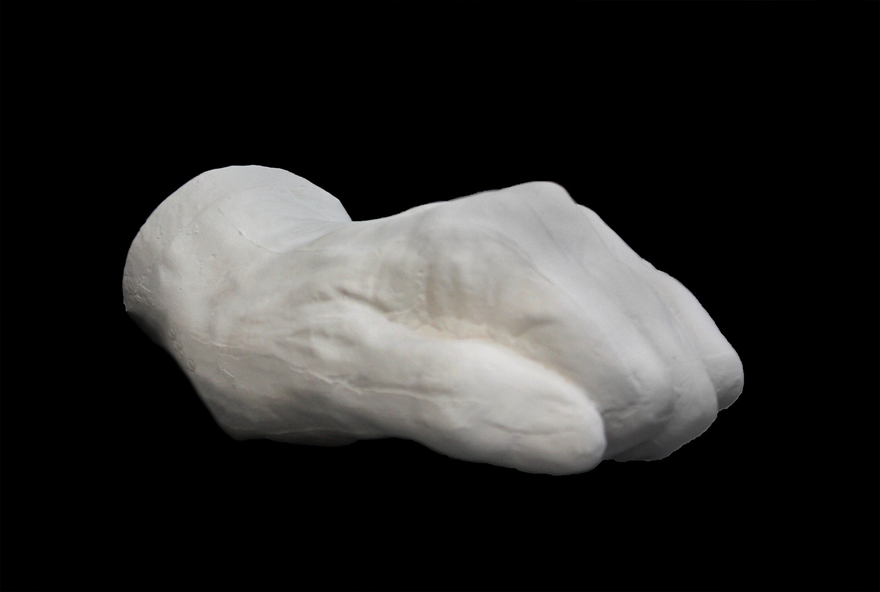 Photo of white plaster cast of a life cast of a clenched fisted hand on a black background
