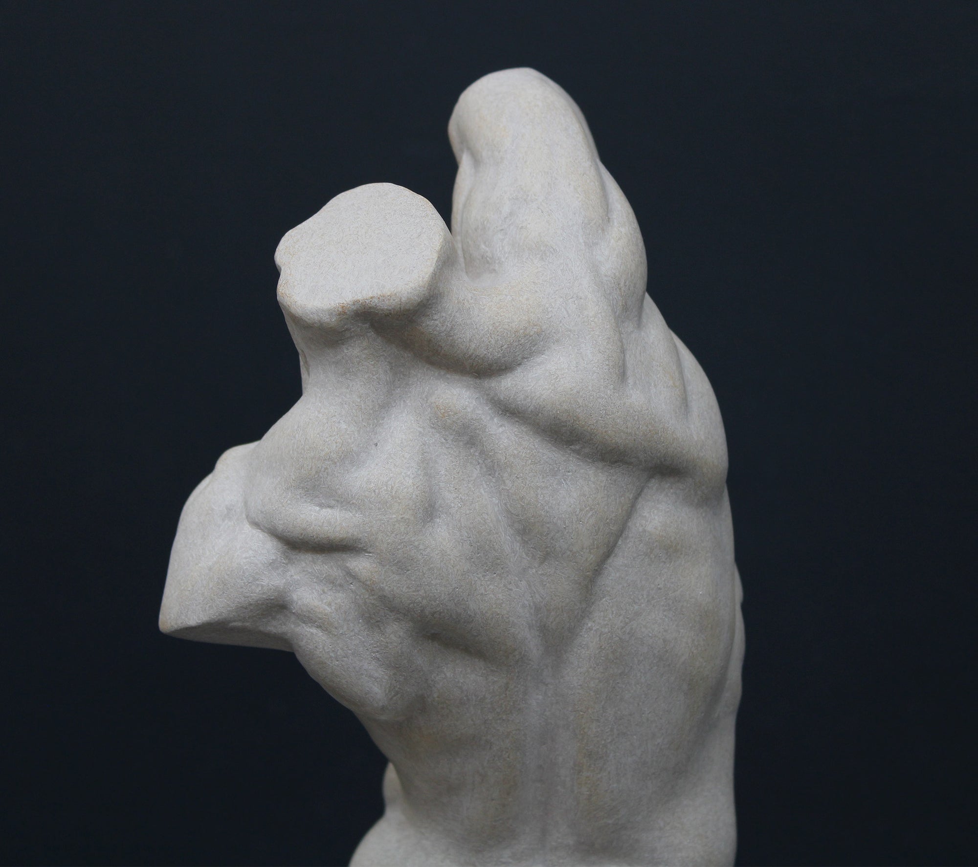 Photo of plaster cast sculpture of flayed male torso and a sculpting tool on a gray surface in front of a black background