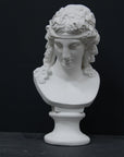 photo of plaster cast of sculpture bust of Ariadne or Bacchus with long, curly hair and head band on a black background