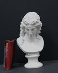 photo of plaster cast of sculpture bust of Ariadne or Bacchus with long, curly hair and head band on a black background