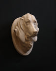photo of a sculpture of a dog head on a black background 