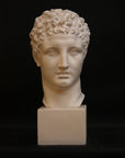 Photo of a sculpture of Hermes head on a black background