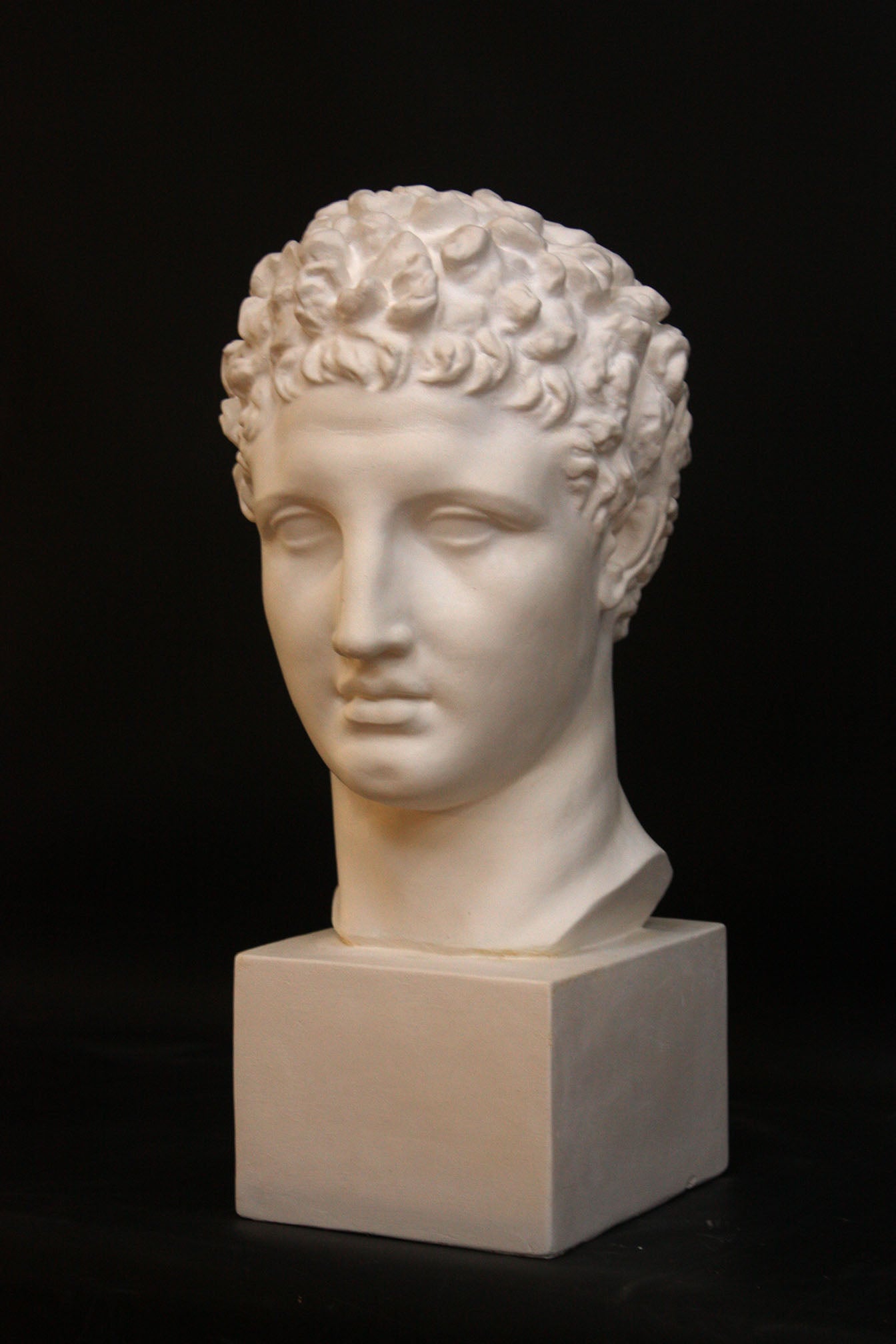 Photo of a sculpture of Hermes head on a black background