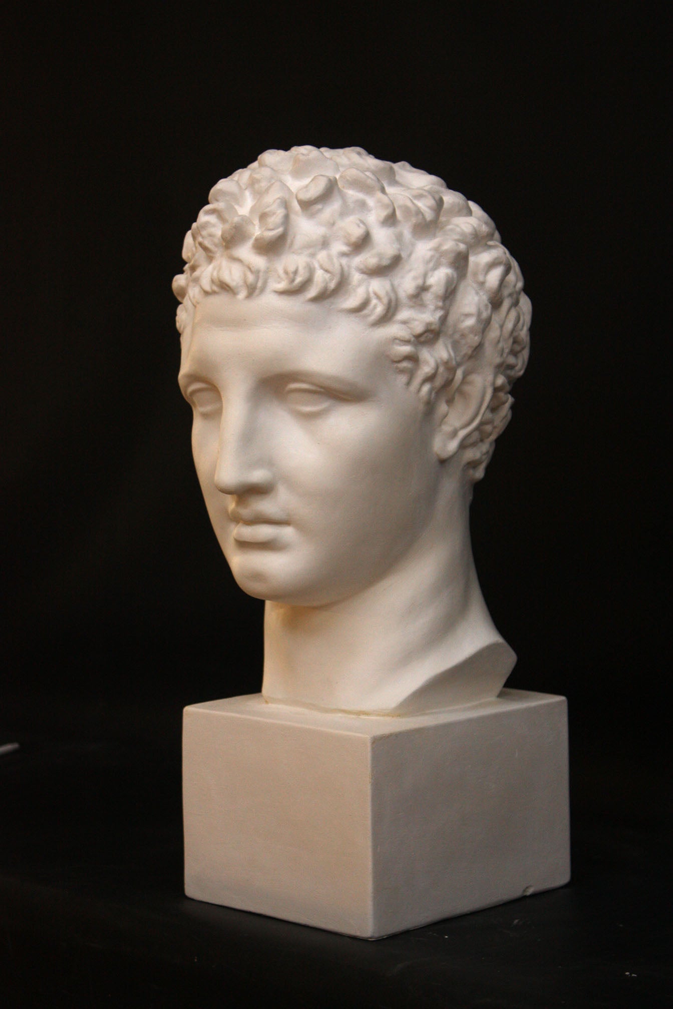 Photo of a sculpture of Hermes head on a black background