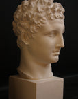 Photo of a sculpture of Hermes head on a black background