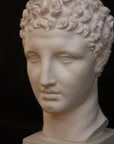 Photo of a sculpture of Hermes head on a black background