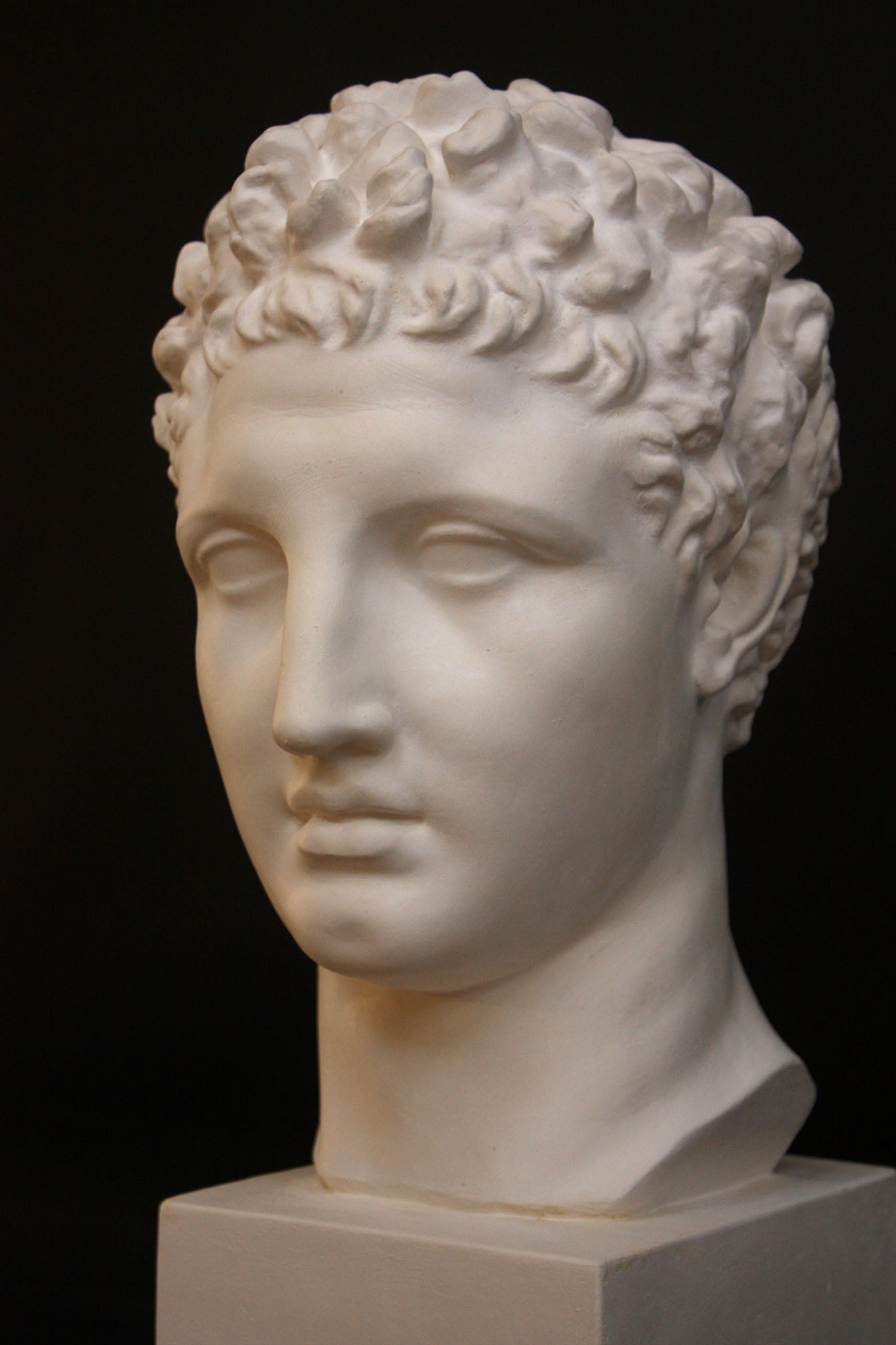 Photo of a sculpture of Hermes head on a black background