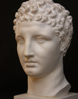 Photo of a sculpture of Hermes head on a black background